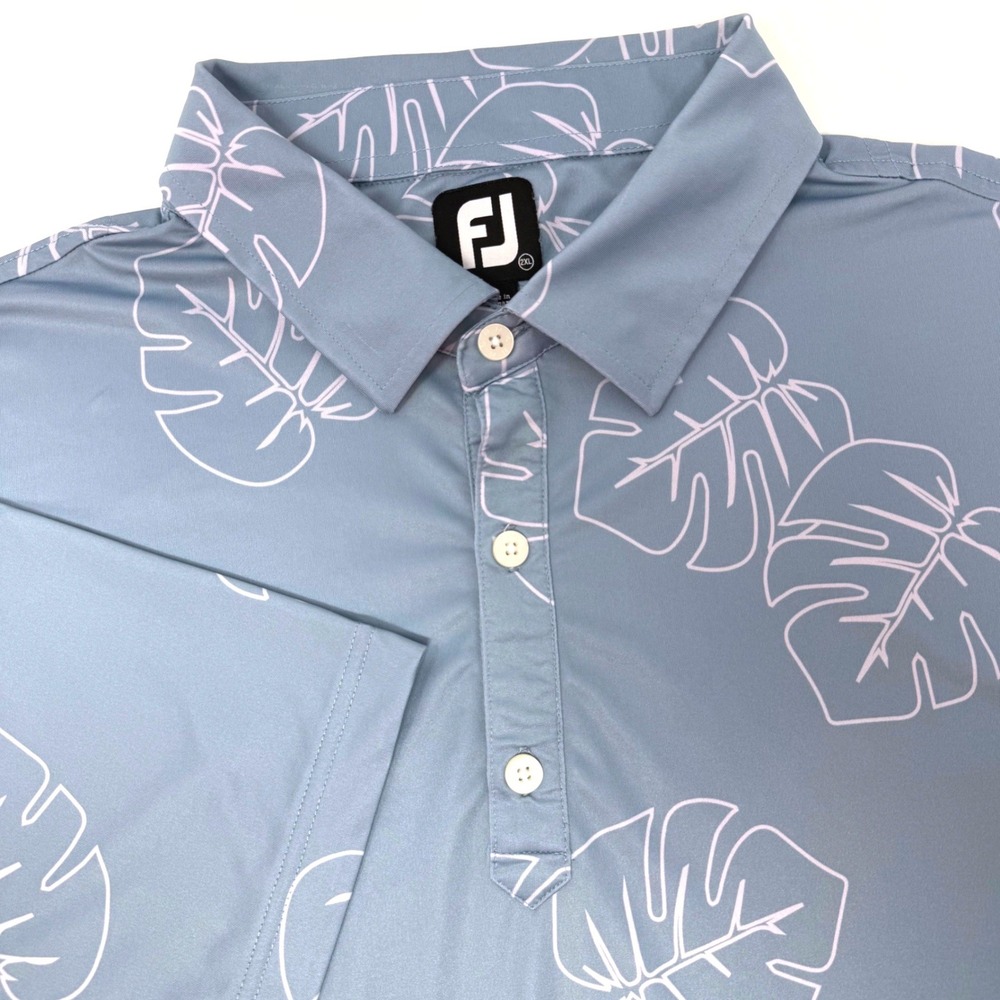 FootJoy Mens 2XL Monstera Leaf Print Golf Polo Shirt Light Blue Short Sleeve